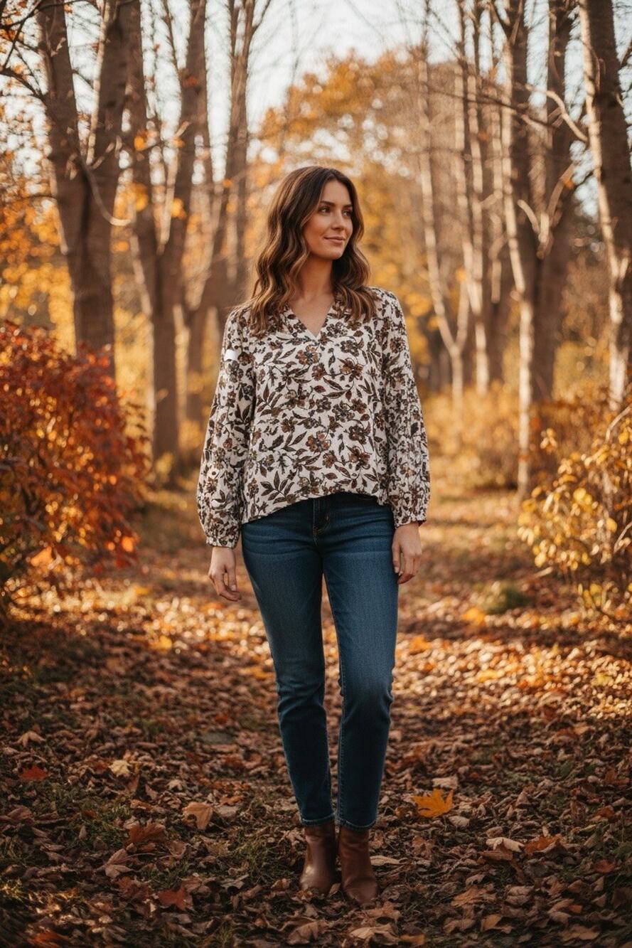 Faherty Portia Women's XS Earthtones Floral Linen Lenzing Ecovero Viscose Top